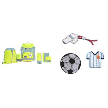 LÄSSIG 7-teiliges Schulranzen Set Kinder/School Set Flexy Unique blau/neon-gelb & Textilsticker selbstklebend, zum Aufbügeln/Textile Woven Sticker Stick on Football im Sale